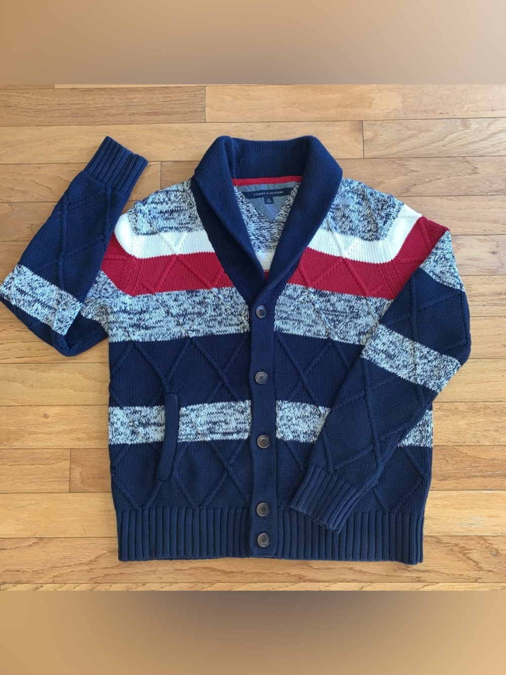 Tommy Hilfiger Men’s Navy, Red & White Striped Shawl Collar Cardigan, Large.